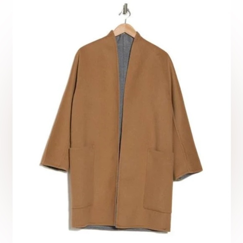 Vince Women's Natural Reversible Wool Blend Coat Camel Gray Sz L NEW